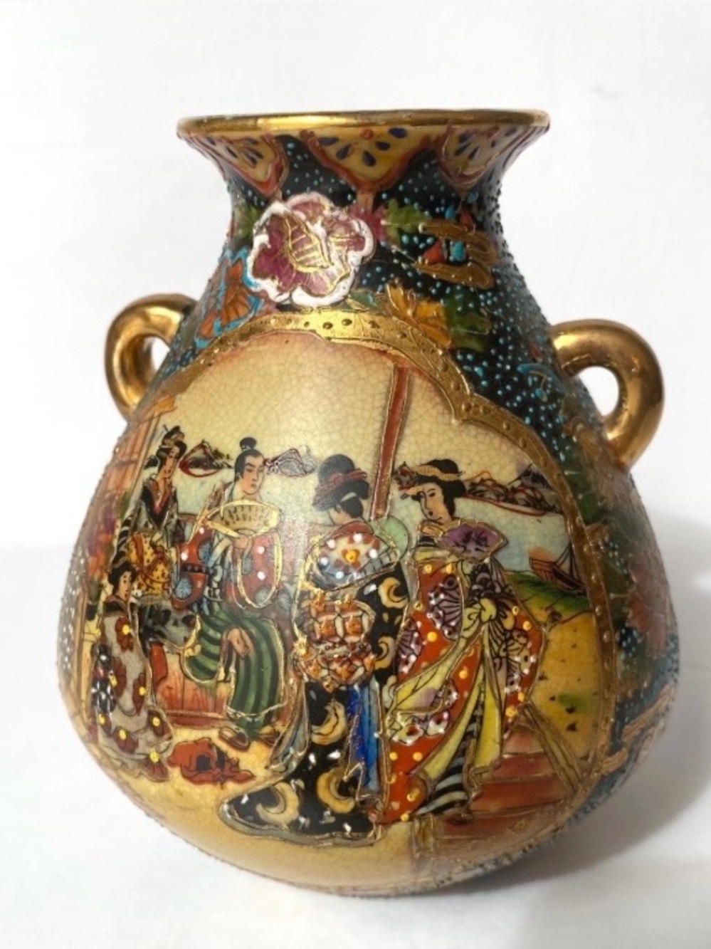 Vintage Hand-Painted Satsuma-Style Decorative Vase in Gold and Multicolor